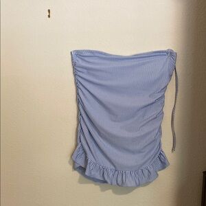 J Crew Blue and White Stripe Seersucker Women's One Piece Strapless Swimsuit